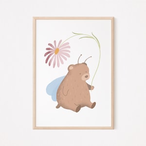 Osito Hada con Flor Rosa I Póster Osito Habitación Infantil, Póster Infantil Osito, Póster de Animales Osito, Póster Osito Mágico, Osito Hada, Póster Habitación Infantil Osito