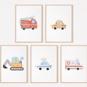 Policía, Bomberos, Excavadora, Taxi, Ambulancia, 5 carteles, set I, habitación infantil, póster de coche, póster para niños, póster de coche, póster infantil, vehículos