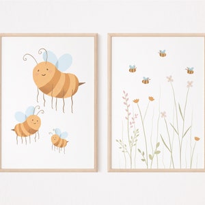 Juego de carteles de flores de abeja blanco I Póster de pradera, flores silvestres, decoración de pared de póster de abeja, póster infantil Abeja, decoración de póster de flores silvestres, póster de pradera