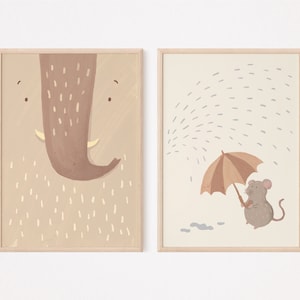 Póster Enno Elefante y Ratón Mattis Beige I Tonos Tierra, Habitación Infantil, Boho, Decoración Salón, Póster Infantil, Descargar, Póster Infantil Animales