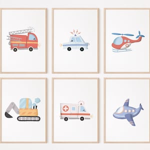 Policía, Bomberos, Excavadora, Helicóptero, Ambulancia, Avión, Juego de 6 Pósters I Habitación Infantil, Póster de Coche, Decoración de Coche, Póster Infantil, Vehículos