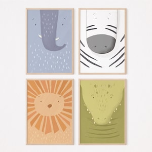 Juego de carteles de safari I Selva, juego de carteles de safari, decoración de animales para habitación infantil, póster infantil, león, cebra, cocodrilo, elefante, cuadro de pared de safari