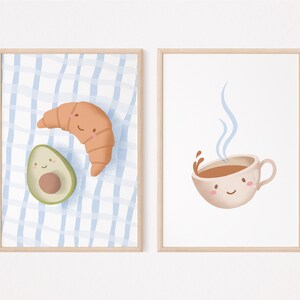 Avocado Croissant Coffee Poster Set I Kitchen Poster, Dining Room Poster, Avocado Poster, Breakfast Poster, Coffee Poster, Breakfast Poster Set