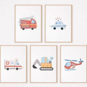 Policía, Bomberos, Excavadora, Helicóptero, Ambulancia, 5 Pósters, Set I Habitación Infantil, Póster de Coche, Póster de Coche, Póster Infantil, Póster de Vehículos
