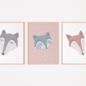 Animali della foresta Wilko Lupo, Fiete Volpe, Wido Procione Set di poster Old Pink I Poster per bambini Lupo, Poster per bambini Volpe, Poster per bambini Procione