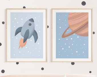 Planet and Rudi Rocket Poster Set I Children's Room, Rocket, Galaxy, Shuttle Poster, UFO Poster, Planet Poster, Star Poster, Astronaut