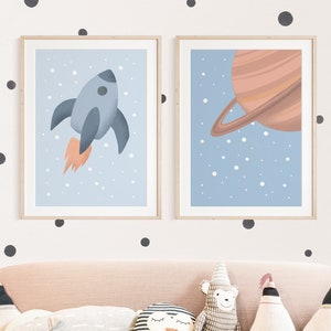 Planet and Rudi Rocket Poster Set I Children's Room, Rocket, Galaxy, Shuttle Poster, UFO Poster, Planet Poster, Star Poster, Astronaut image 1