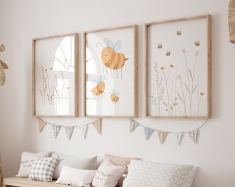 Bella Bee and Flowers Poster Set White I Bee Poster, Wall Decor, Children's Room Poster with Bees, Pastel Wall Picture, Wall Decoration with Flowers