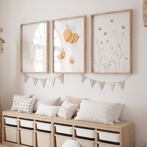 Bella Juego de carteles de abejas y flores blanco I Póster de abeja, decoración de pared, póster para habitación infantil con abejas, cuadro de pared en colores pastel, decoración de pared con flores