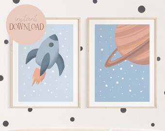 Planet and Rudi Rocket Poster Set I Children's Room, Rocket, Galaxy, Shuttle Poster, UFO Poster, Planet Poster, Star Poster, Astronaut