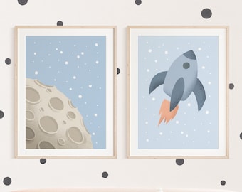 Moon and Rudi Rocket Poster Set I Children's Room, Rocket, Galaxy Poster, Shuttle Poster, UFO Poster, Moon Poster, Star Poster, Astronaut