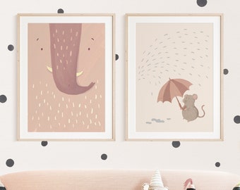 Enno Elephant and Mattis Mouse Poster Old Pink I Earth Tones, Children's Room, Boho, Living Room Decoration, Montessori, Pastel Poster, Children's Poster