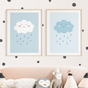 Wanda y Wim Cloud Poster Set Blue I Boho Rain Cloud, Decoración de pared, Habitación para bebés, Decoración de pared Montessori, Baby Poster Cloud, Póster de guardería