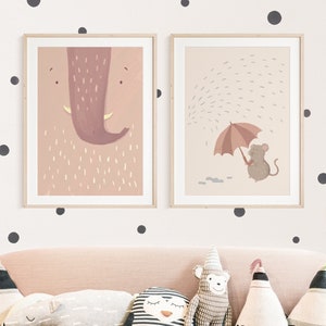Enno Elefant und Mattis Maus Poster Altrosa I Erdtöne, Kinderzimmer, Boho, Wohnzimmer Dekoration, Montessori, Pastell Poster, Kinderposter