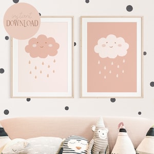 Wanda y Wim Cloud Poster Set Old Pink I Boho Rain Cloud, Decoración de pared, Habitación bebé, Decoración de pared Montessori, Póster bebé nube, Póster habitación infantil