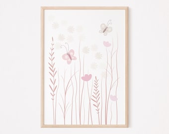 Butterflies Grass Poster Old Pink I Children's Room Decoration, Digital Poster Download, Grass, Living Room, Flower Market, Flower Poster