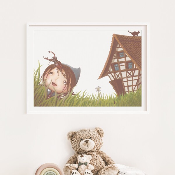 Rosemarie with beetle and half-timbered house poster I forest poster, dwarf poster, dwarf decoration, forest decoration, forest decoration, girl with pointed hood