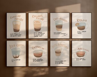 Coffee Love 8 Poster Set Print I Coffee Poster, Kitchen Poster, Coffee Poster, Coffee Print, Café Poster, Coffee Lover Poster, Coffee Poster