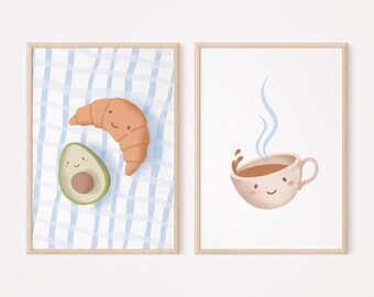 May include: Two framed illustrations, one with a cartoon avocado and croissant, the other with a cartoon coffee cup with steam coming out of it.