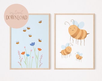 Bee Flower Poster Set I Meadow Poster, Wild Flowers, Bee Poster Wall Decor, Children's Poster Bee, Wildflower Poster Decoration, Meadow Poster