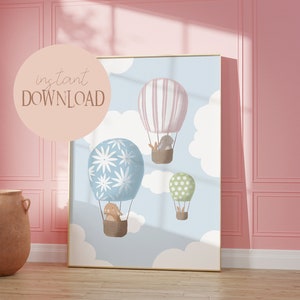 Bunnies in a hot air balloon poster I clouds poster, balloon poster, dreams, baby room balloon poster, hot air balloon poster, children's room poster
