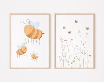 Bee Flower Poster Set White I Meadow Poster, Wild Flowers, Bee Poster Wall Decor, Children's Poster Bee, Wildflower Poster Decoration, Meadow Poster