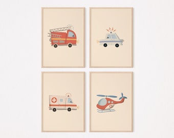 Rescue Team Set Beige Helicopter, Fire Department, Ambulance, Rescue Service, Police, Game, Boy, Printable, Nursery Poster,