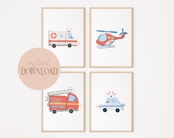 Rescue Team 4 Picture Set Helicopter Poster, Fire Department Poster, Ambulance Poster, Police Poster, Emergency Service Poster, Children's Poster