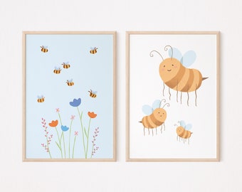 Bee Flower Poster Set I Meadow Poster, Wild Flowers, Bee Poster Wall Decor, Children's Poster Bee, Wildflower Poster Decoration, Meadow Poster