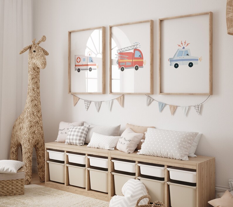 Police Fire Department Ambulance Rescue Team Poster Set I Children's Room, Car Poster Boys, Fire Children's Poster Police, Children's Poster Fire Department image 1