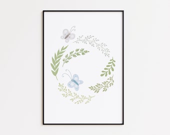 Mariposas Hierba Cartel Prado I Verde, Decoración Salón, Descarga Digital, Hierba, Salón, Mercado de Flores, Cartel de Flores