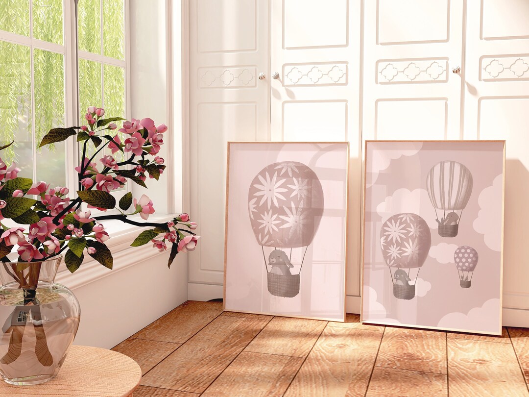 Bunnies in a Hot Air Balloon Poster Set Old Pink I Clouds, Boho ...