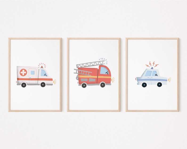 Police Fire Department Ambulance Rescue Team Poster Set I Children's Room, Car Poster Boys, Fire Children's Poster Police, Children's Poster Fire Department image 2