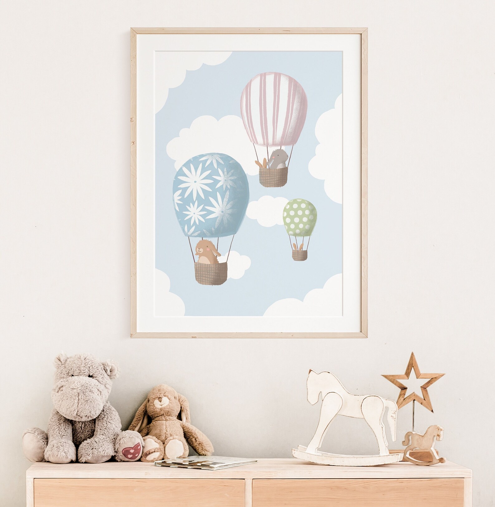 Bunnies in a Hot Air Balloon Poster I Clouds Poster, Balloon Poster ...