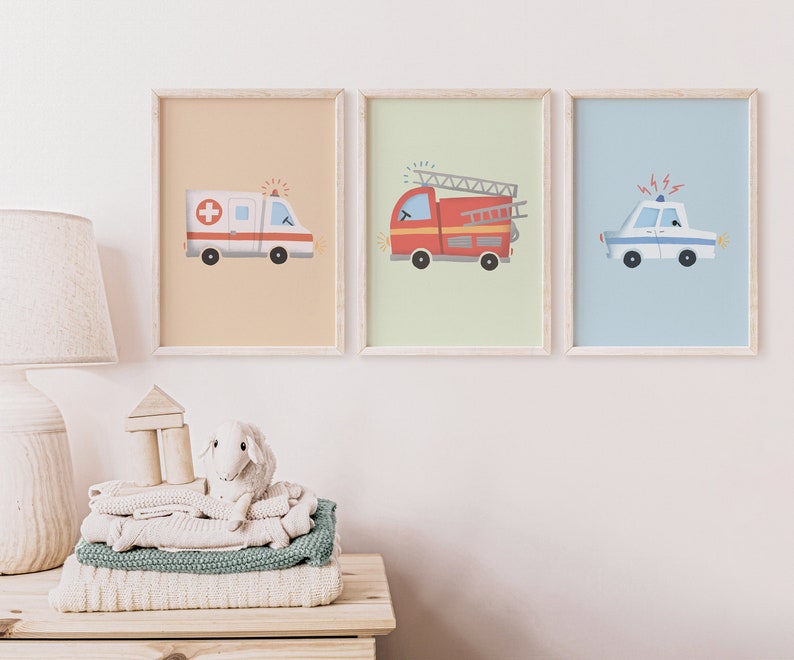 Police Fire Department Ambulance Poster Set I Children's Room, Car Poster, Rescue Service, Fire Department Poster, Police Poster, Rescue Vehicles image 6