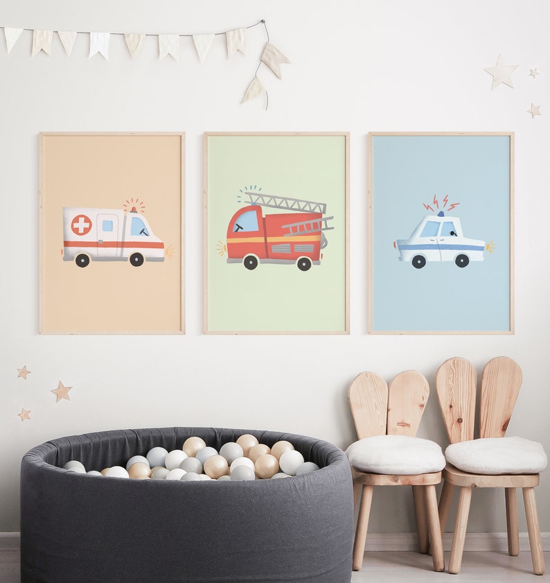 Police Fire Department Ambulance Poster Set I Children's Room, Car Poster, Rescue Service, Fire Department Poster, Police Poster, Rescue Vehicles image 2