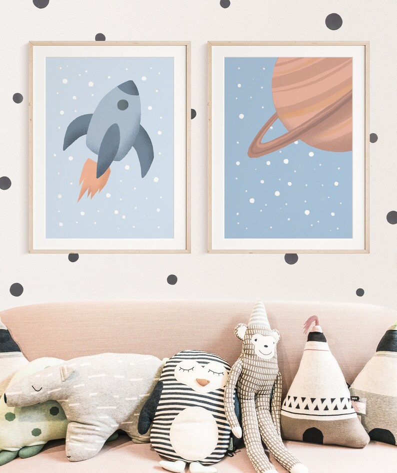 Planet and Rudi Rocket Poster Set I Children's Room, Rocket, Galaxy, Shuttle Poster, UFO Poster, Planet Poster, Star Poster, Astronaut image 1