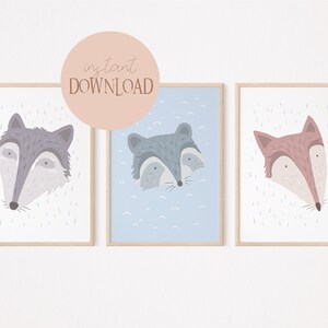 Animales del Bosque Wilko Lobo, Fiete Zorro, Wido Mapache Set de Pósteres Azul I Póster Infantil Lobo, Póster Infantil Zorro, Póster Infantil Mapache