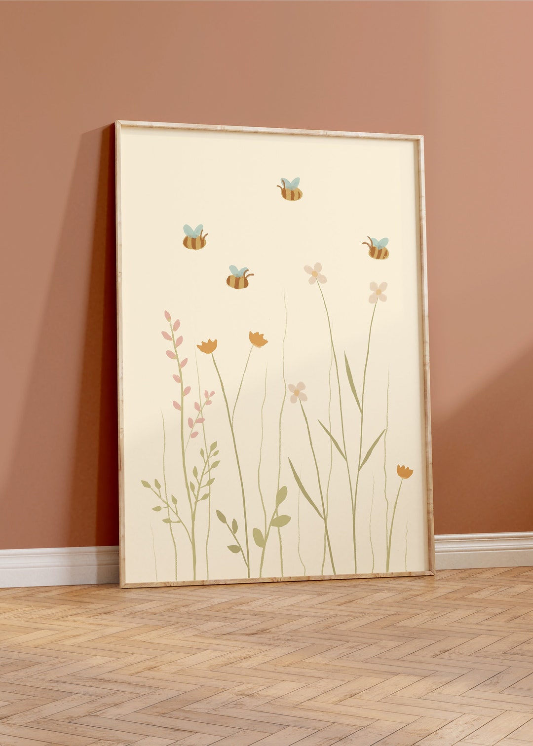 Pastel Flowers and Bees Poster Ivory I Living Room, Children's Room ...