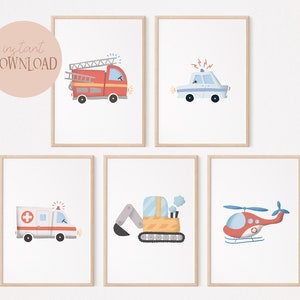 Policía, Bomberos, Excavadora, Helicóptero, Ambulancia, 5 Pósters, Set I Habitación Infantil, Póster de Coche, Póster de Coche, Póster Infantil, Póster de Vehículos