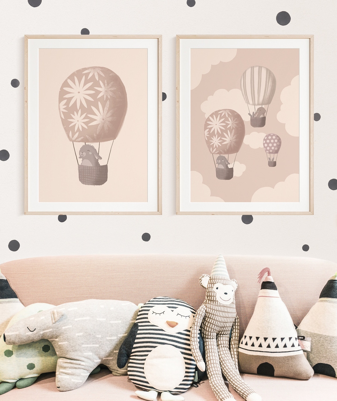 Rabbits in a Hot Air Balloon Poster Set Beige I Clouds, Boho, Children ...