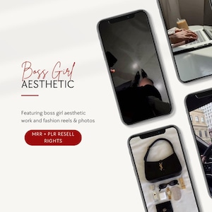 May include: Aesthetic image featuring a collection of smartphone screens. The screens display fashion and work-related content, including a black handbag, accessories, and a person working on a laptop. Text on the image reads "Boss Girl Aesthetic" and "MRR + PLR RESELL RIGHTS."
