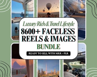 May include: A collage of images showcasing a luxury travel theme. The central text reads "Luxury Rich & Travel Lifestyle" and "8600+ FACELESS REELS & IMAGES BUNDLE". The images include a private jet, hot air balloons, and city views.