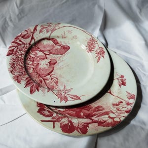 Set of 2 Antique ceramic Round Plates by Jules Vieillard, Bordeaux with Burgundy Red Bird Design from the 19th Century