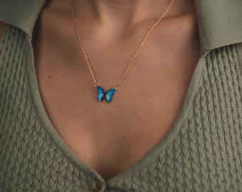 14K Blue Butterfly Necklace, Gold Butterfly Necklace, 14k Gold Minimal Enamel Butterfly Necklace, Dainty Christmas Necklace, Girlfriend Gift