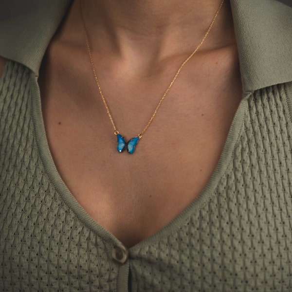 14K Blue Butterfly Necklace, Gold Butterfly Necklace, 14k Gold Minimal Enamel Butterfly Necklace, Dainty Christmas Necklace, Girlfriend Gift