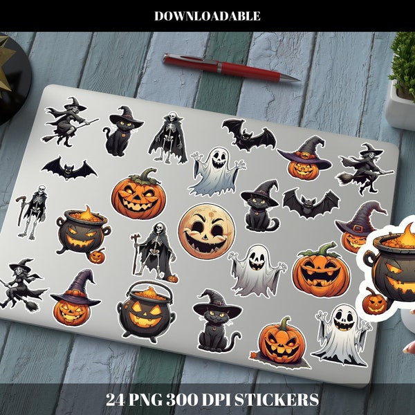 24x Halloween: Print and Cut Digital PNG Sticker Sheets, 24 Different Designs, 24 Various Halloween Sticker Pack Bundles Instant Download