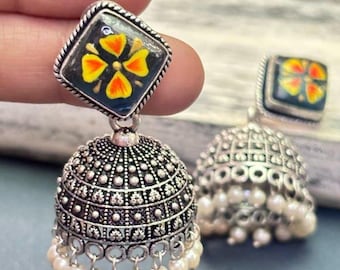 GAGAN Dark Blue Handpainted Jhumkas Earrings, Meenakari silver earrings, Indian oxidized handmade jewelry, silver brass jhumkis