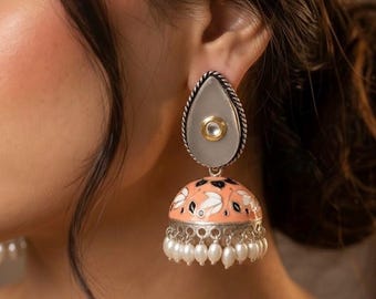 Orange Black Handpainted Jhumkas Earrings, Meenakari silver earrings, Indian oxidized handmade jewelry, silver brass jhumkis