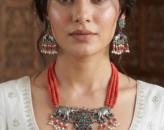 Silver Orange Elephant Motif Necklace Set, oxidized silver boho jewelry, antique brass oxidised, eid outfit, Diwali jewelry